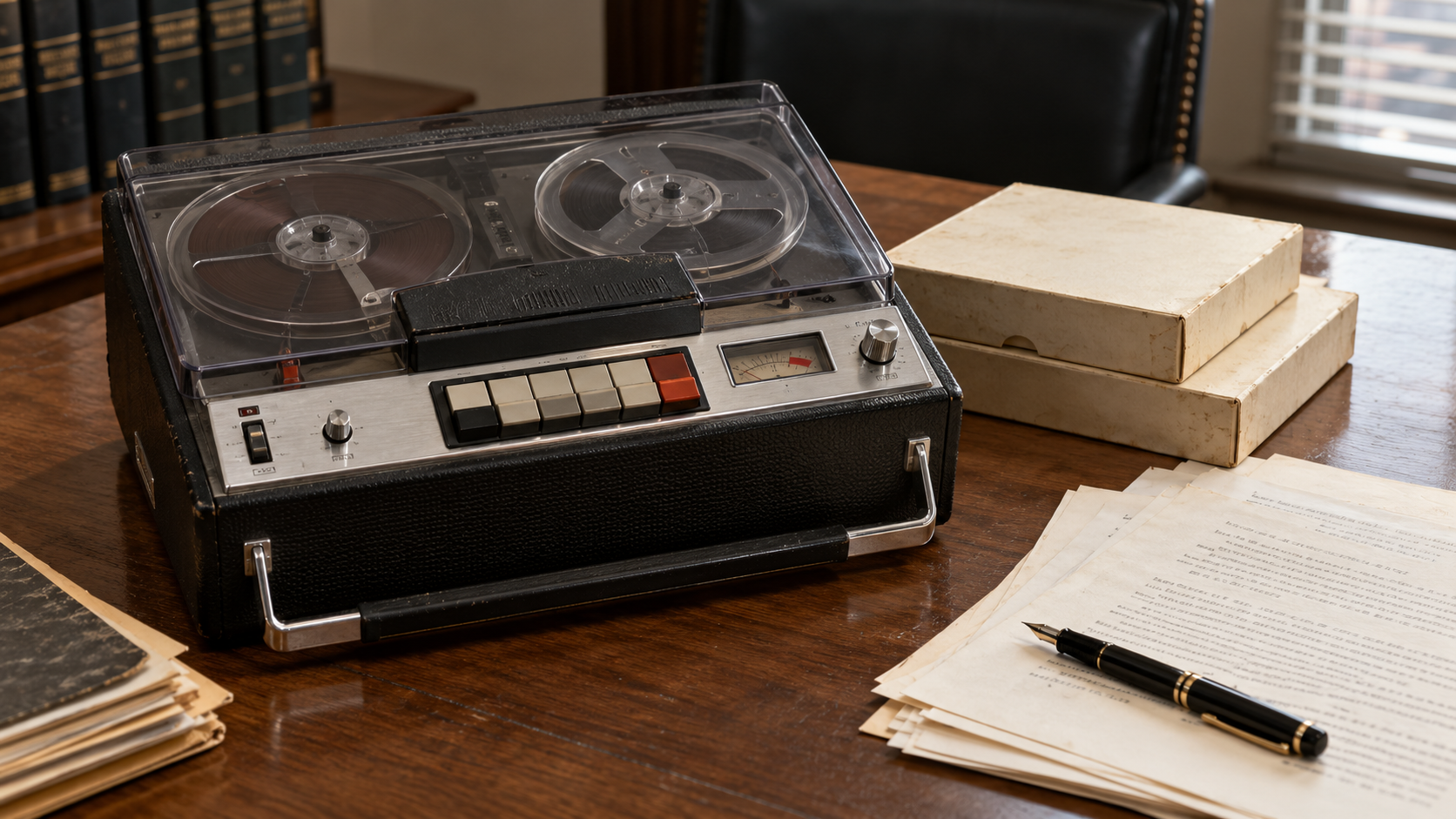 AI historical reconstruction of a 1970s portable reel-to-reel recorder beside legal papers, inspired by White House recording equipment.