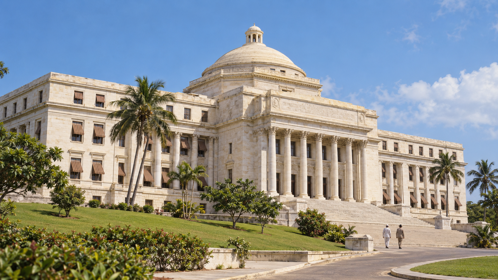 AI historical reconstruction of Puerto Rico’s Capitol in San Juan around 1952, based on period architectural photographs.