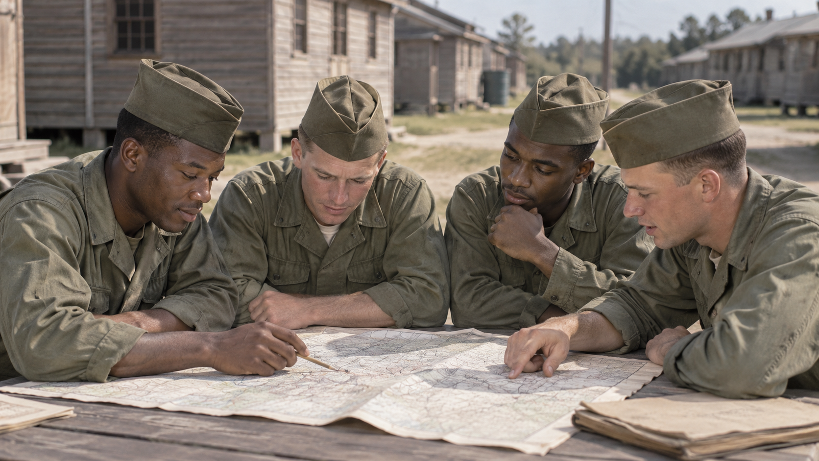 AI historical reconstruction of Black and white Army trainees working together around 1951, illustrating implementation after Truman’s 1948 order.