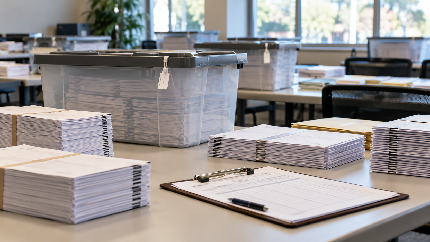 Sealed ballot containers and reconciliation materials in an election counting room