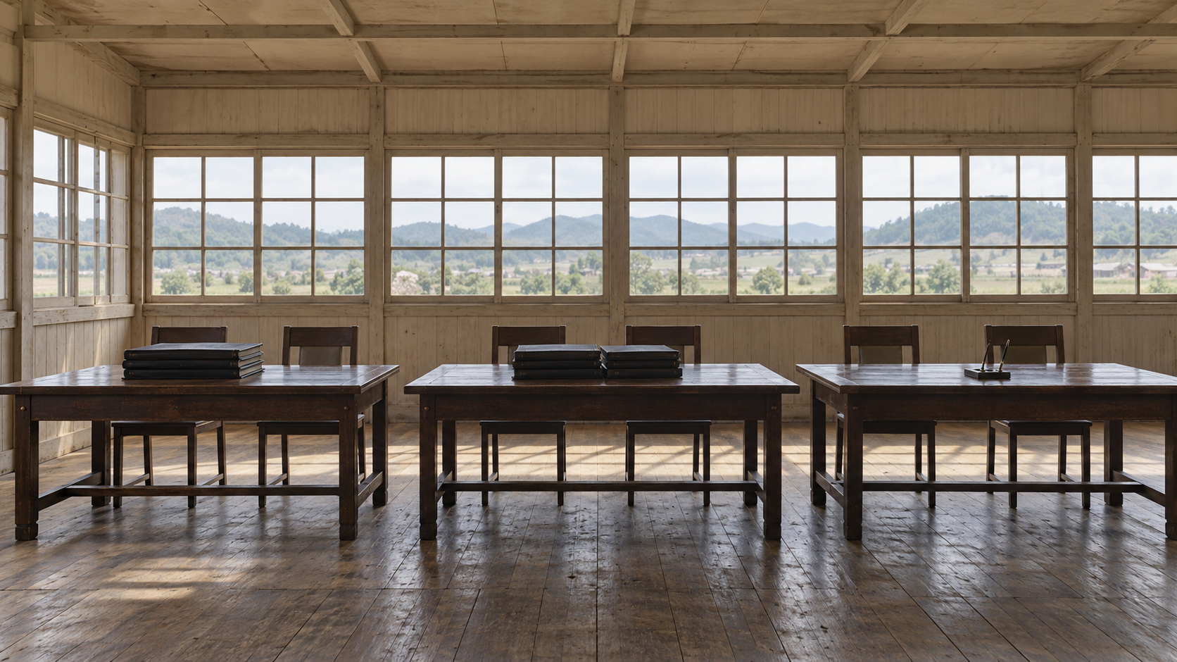 AI historical reconstruction of an empty Panmunjom signing hall with document folders, inspired by July 1953 armistice photographs.
