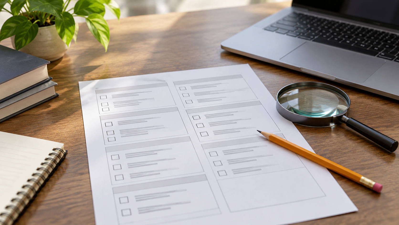 An unmarked ballot mockup, pencil, and laptop on a design workspace