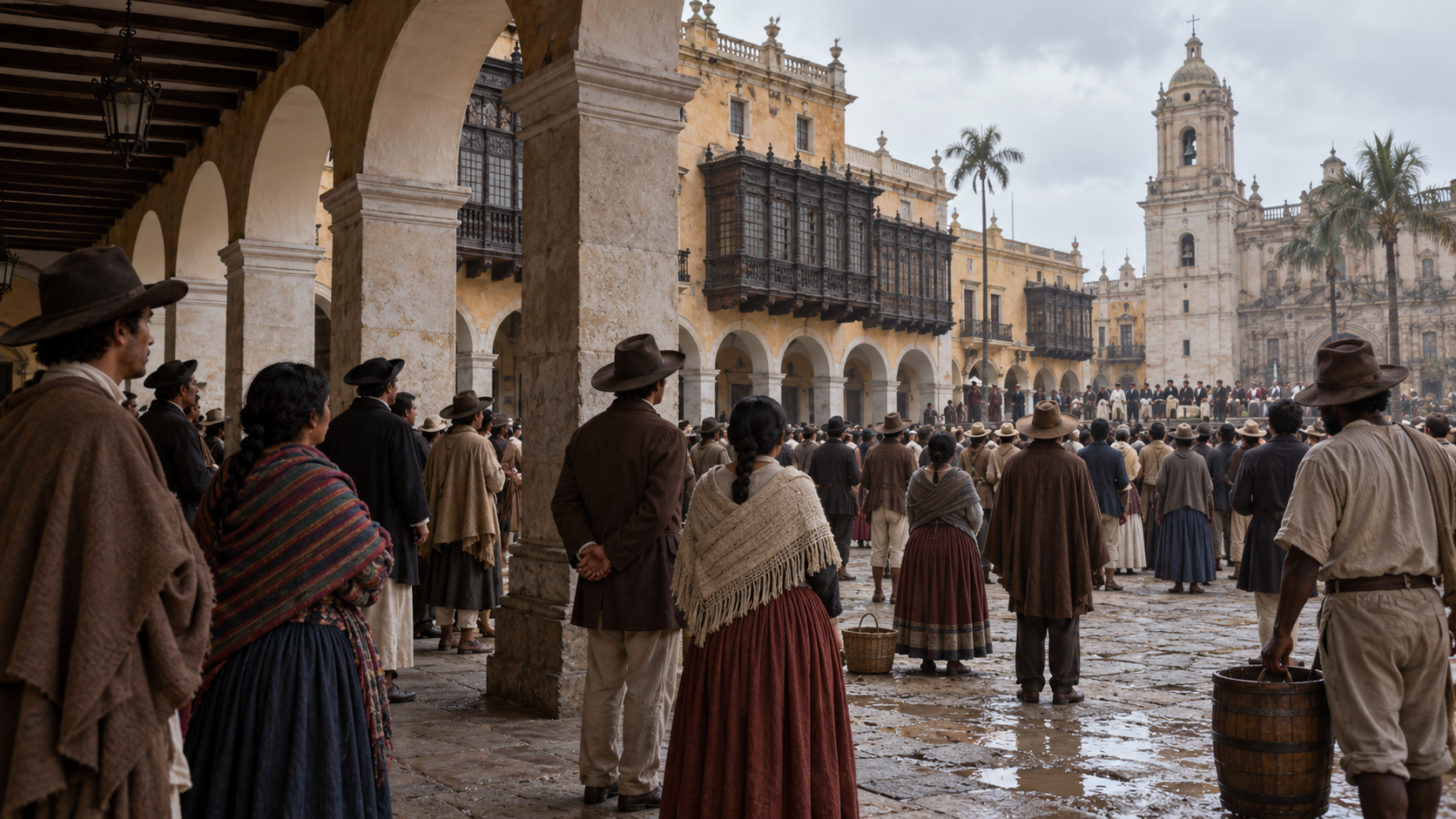 AI historical reconstruction of residents in a colonial Lima arcade around 1821, evoking the civic setting of Peru’s independence proclamation.