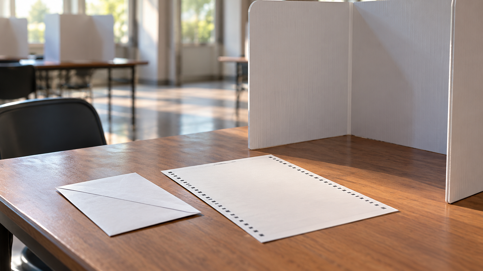 A replacement paper sheet and envelope beside a polling place privacy booth