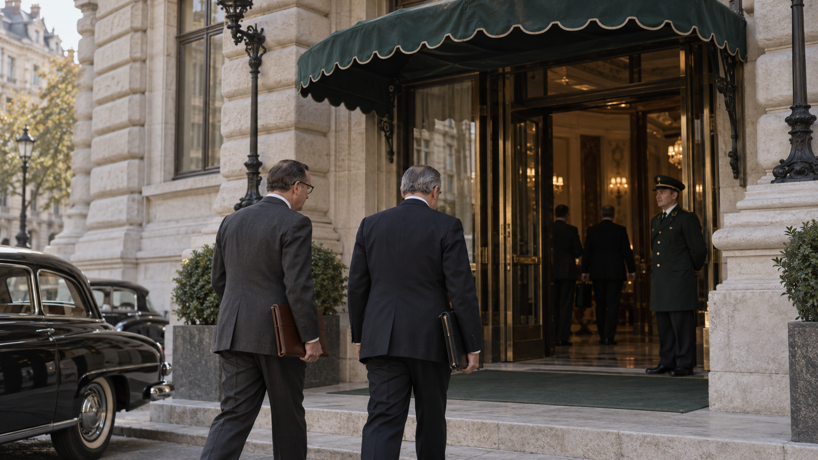 AI historical reconstruction of diplomats arriving at Vienna’s old Grand Hotel headquarters in the IAEA’s early years, beginning in 1957.