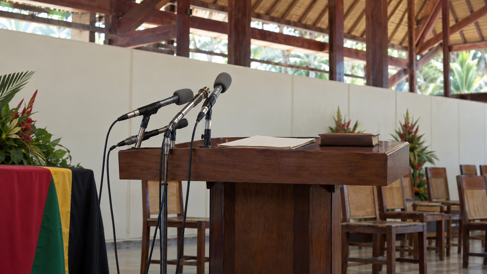 AI historical reconstruction of a civic lectern and wired microphones in a hall inspired by Vanuatu’s 1980 independence ceremony photographs.