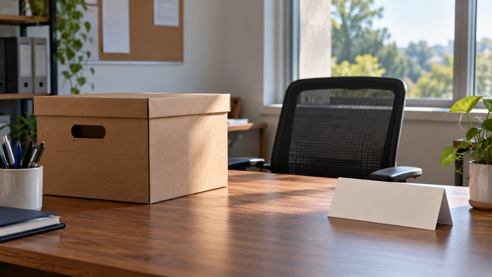 An unused chair, filing box, and plain folded sign on a campaign office desk