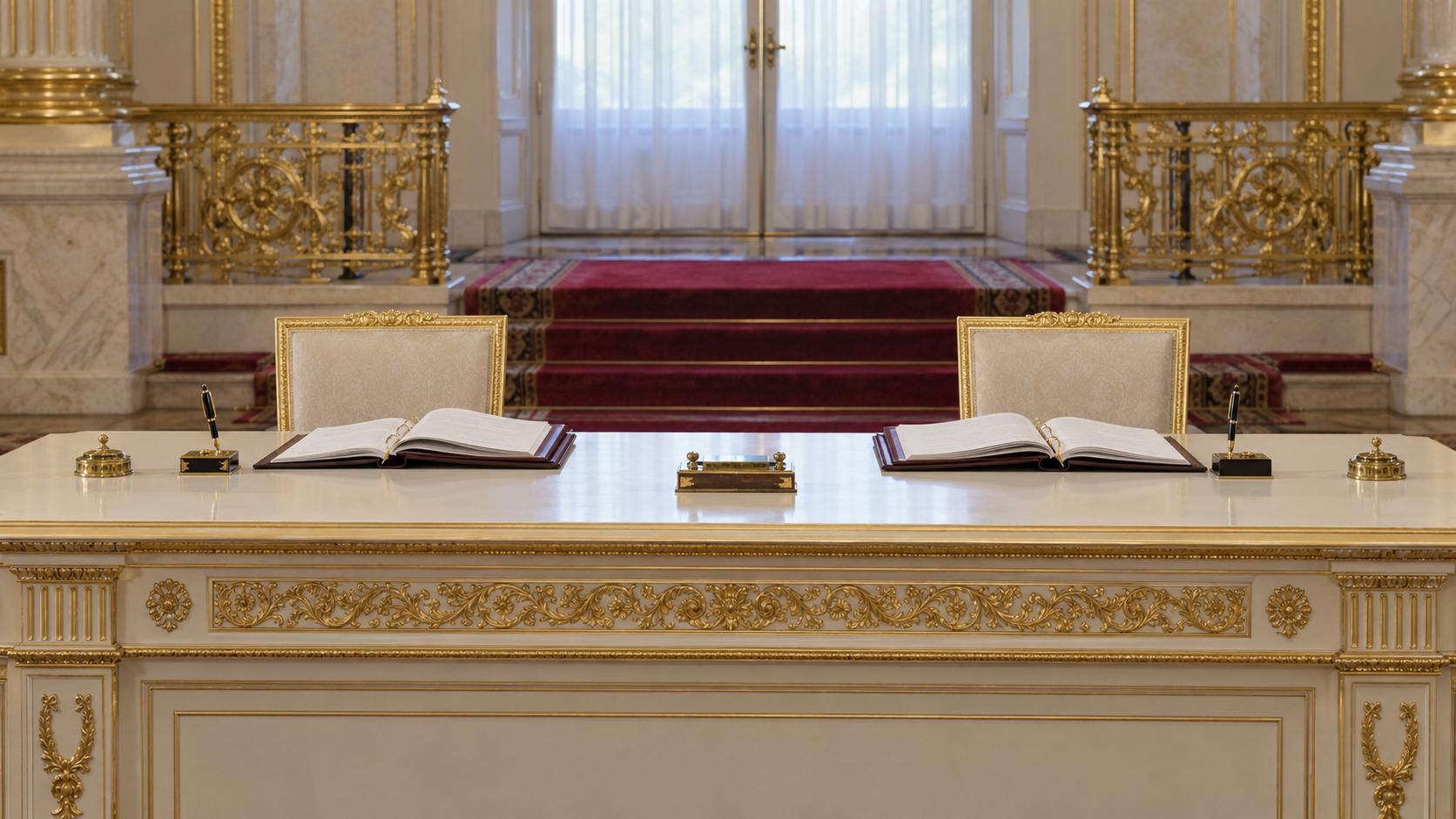 AI historical reconstruction of an empty Kremlin treaty table with two document binders, inspired by photographs of the July 1991 START signing.