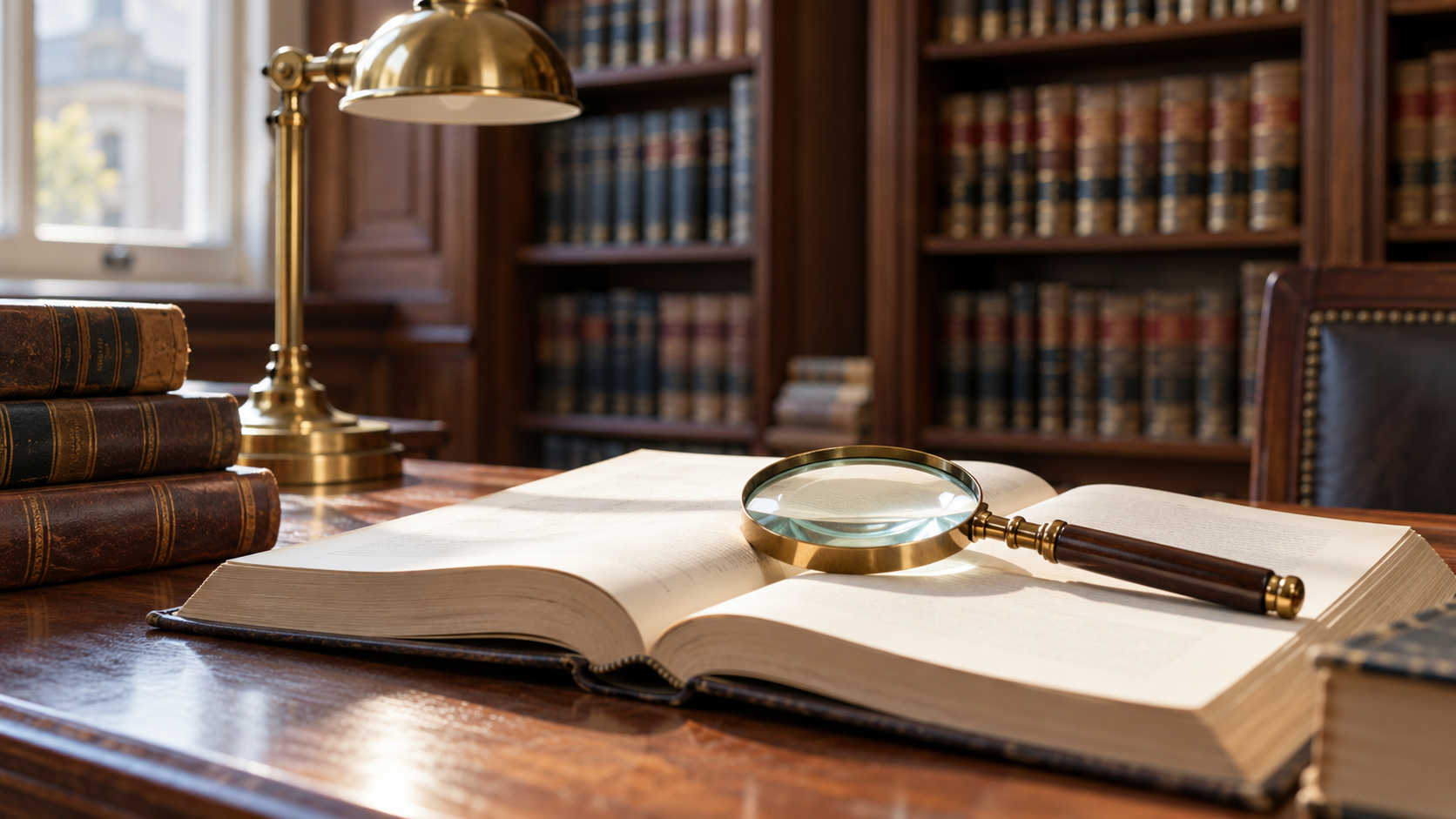 Open legal pages and a magnifying glass on a quiet law library desk