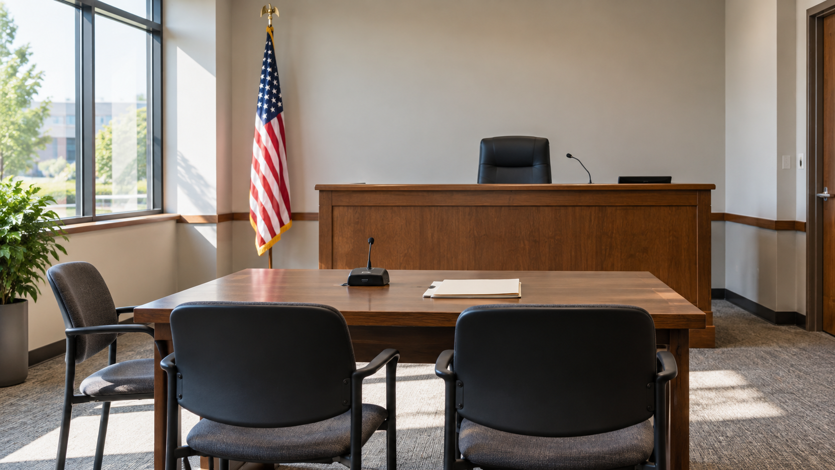 An empty administrative hearing room with a decision desk and participant table