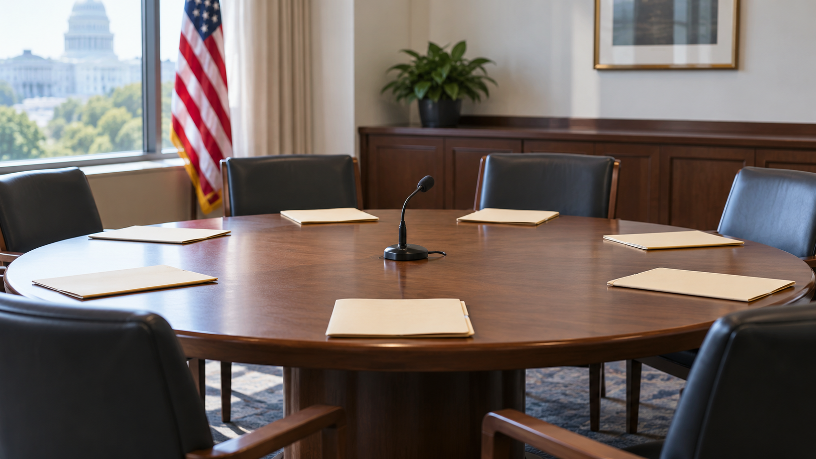 Plain folders around a round meeting table in a government office