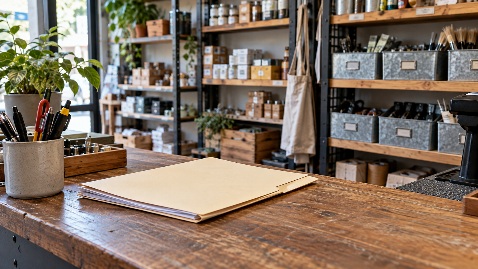 An administrative folder on a small shop work counter beside tools and stock