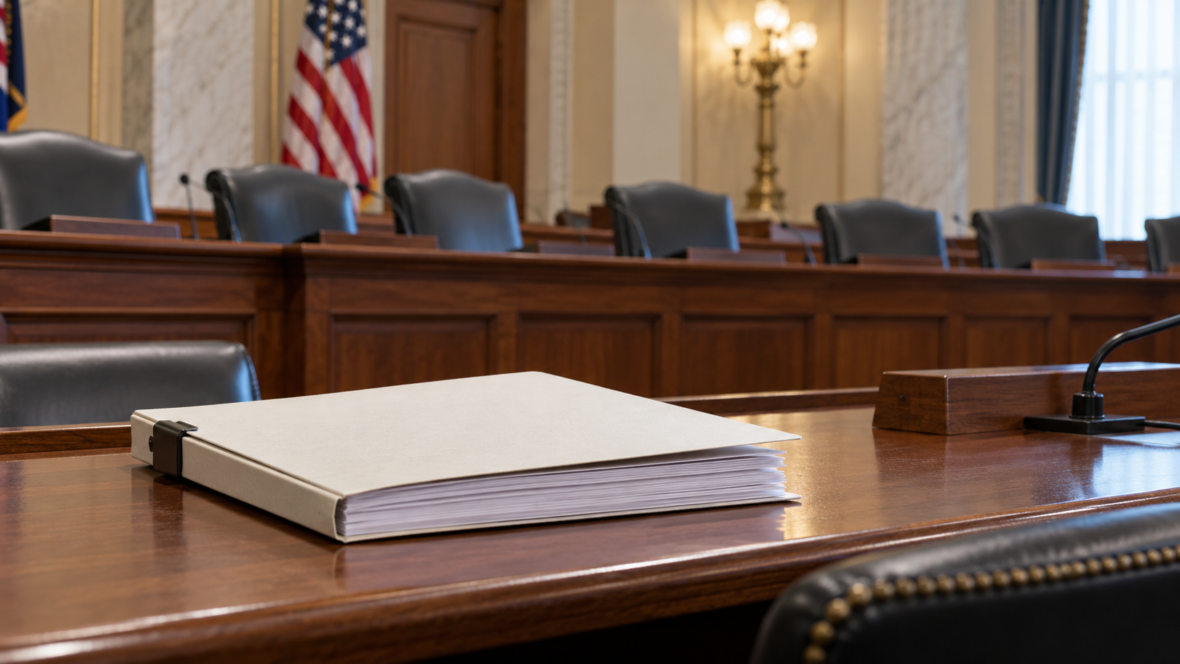An agency document folder on a desk in an empty legislative committee room