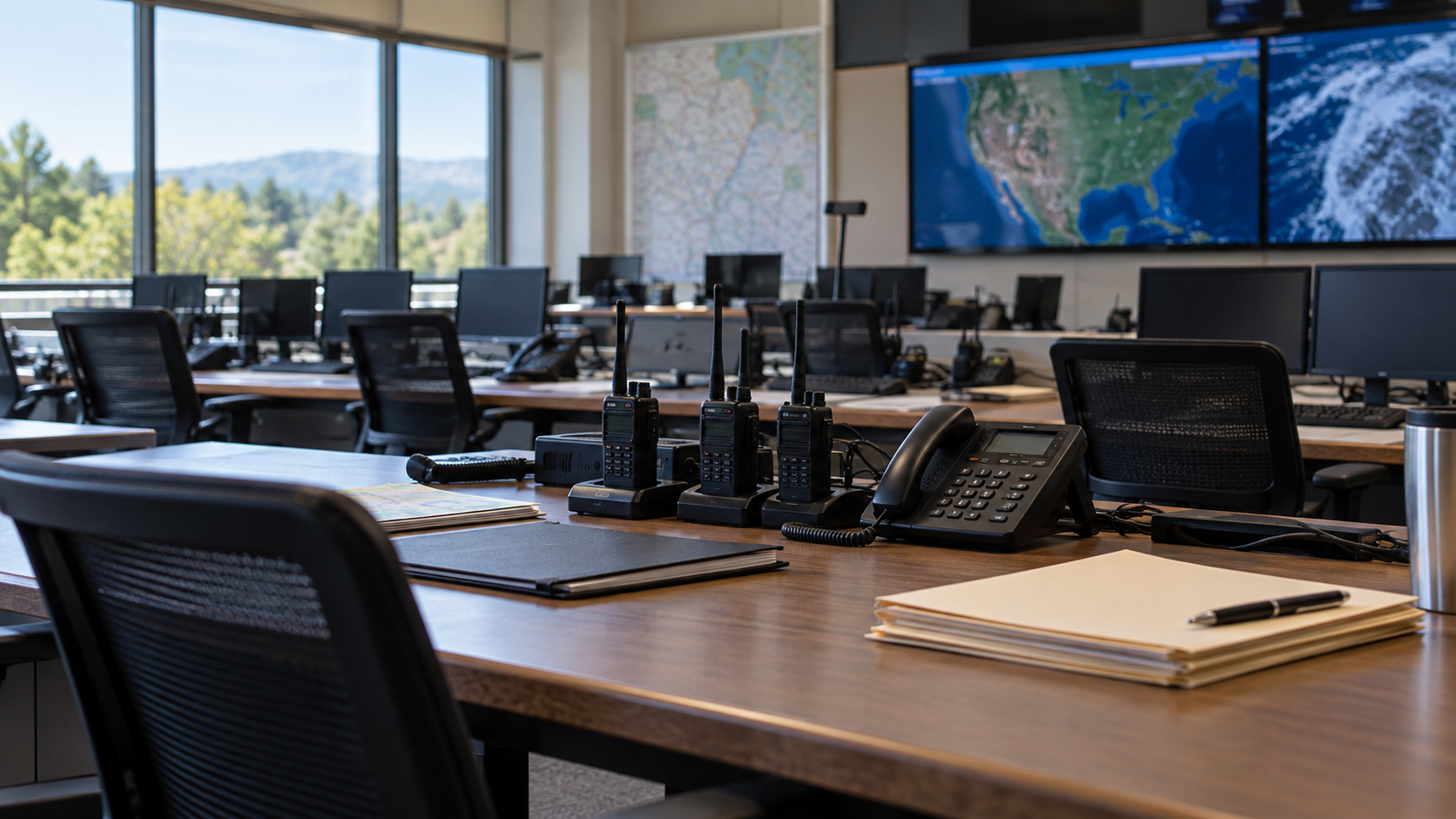Radio equipment and plain folders in an empty emergency operations center