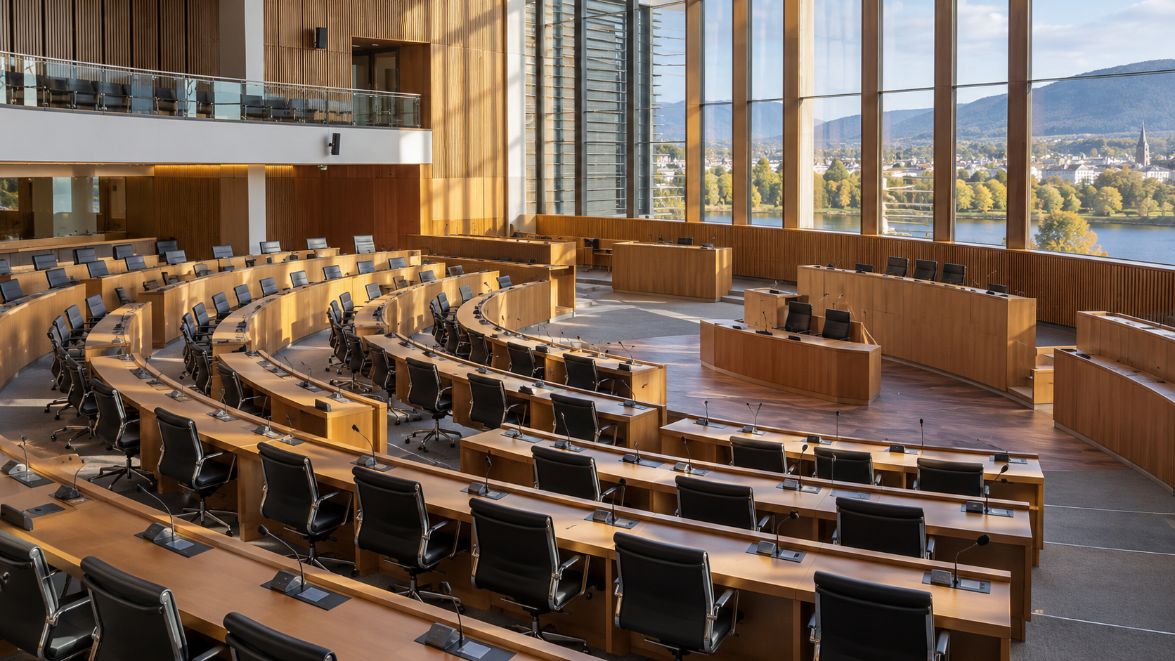 Empty desks and chairs in a modern regional parliamentary chamber