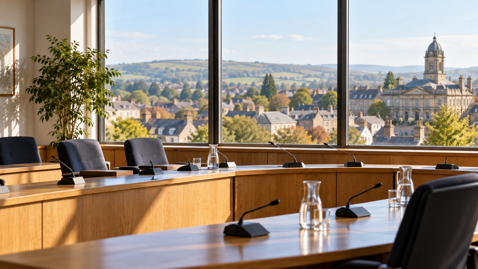 A local civic meeting room overlooking a town and distant government building