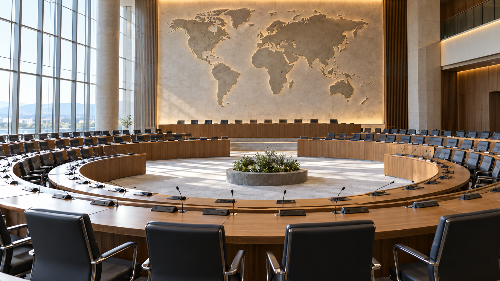 An empty international conference hall with microphones and a world map relief