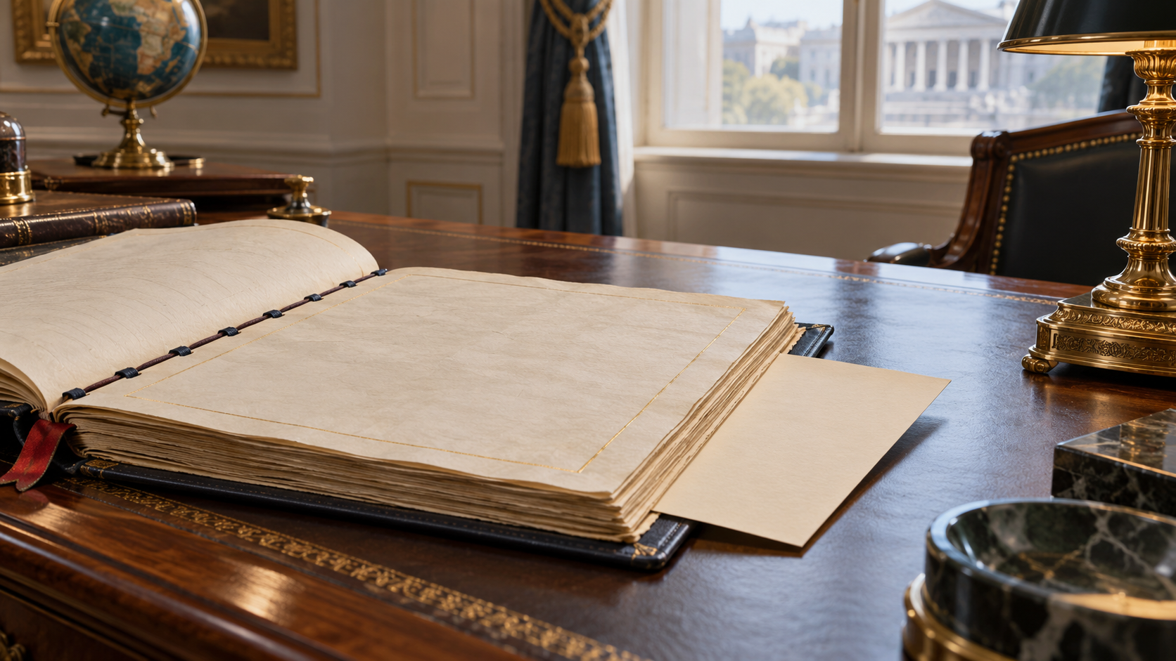 An archival treaty folio with a separate cream paper slip on a diplomatic desk