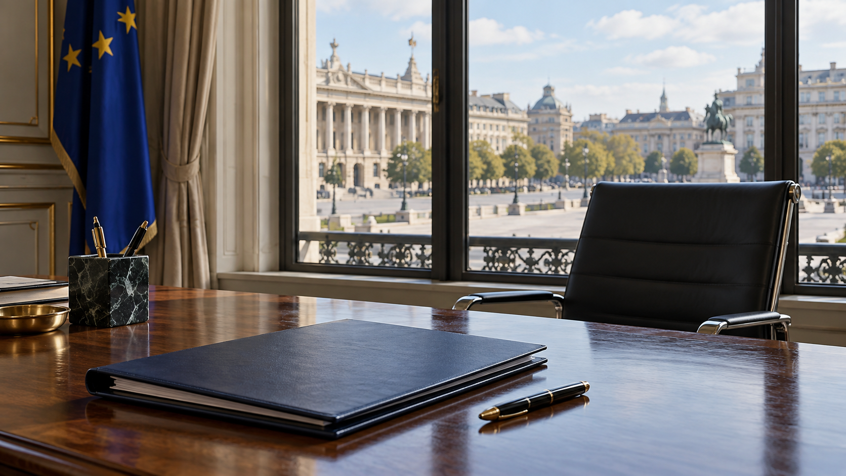 A closed blue document folder in a quiet diplomatic office overlooking a civic square