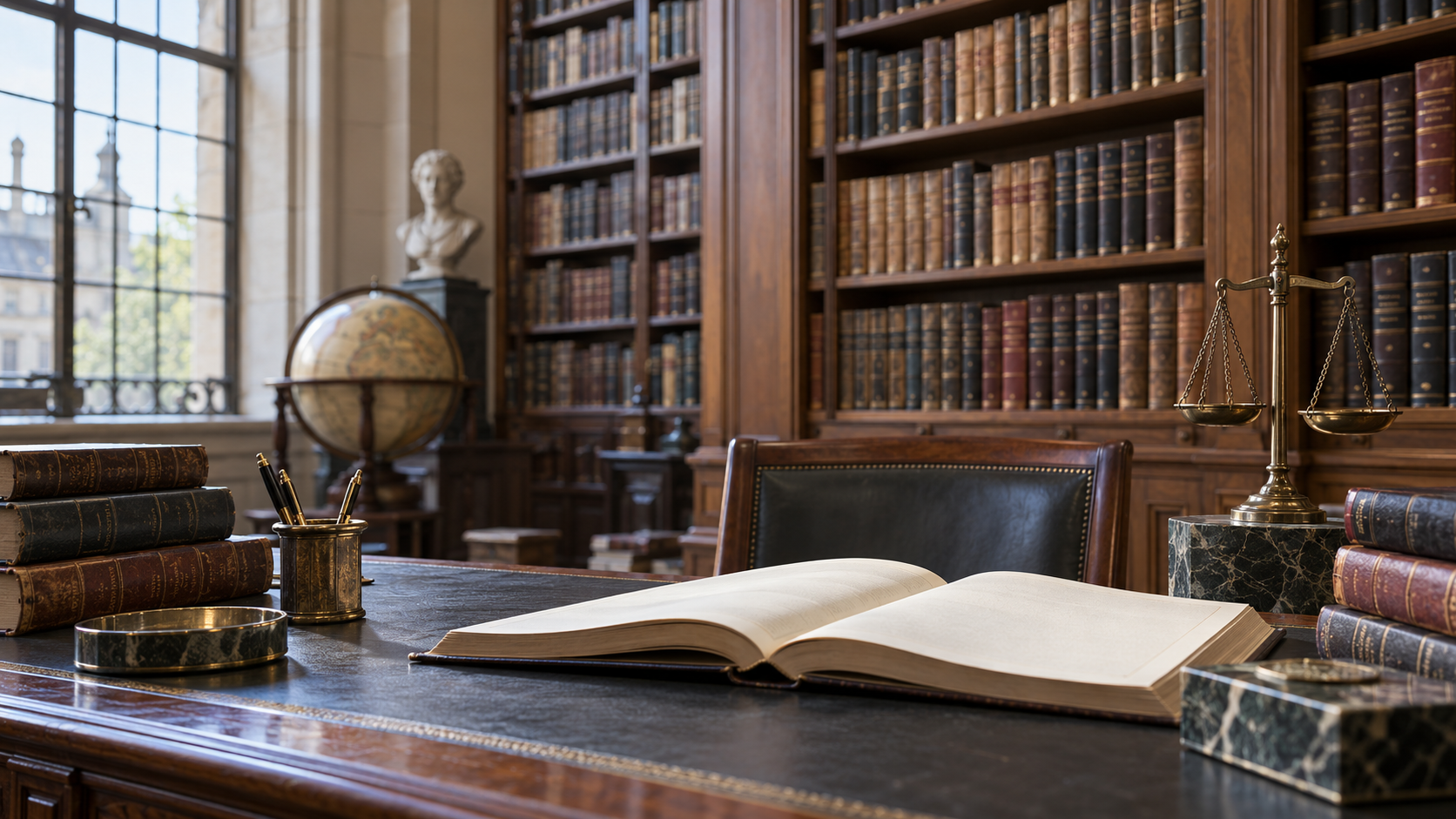 A quiet international law library with an open folio on a reading desk