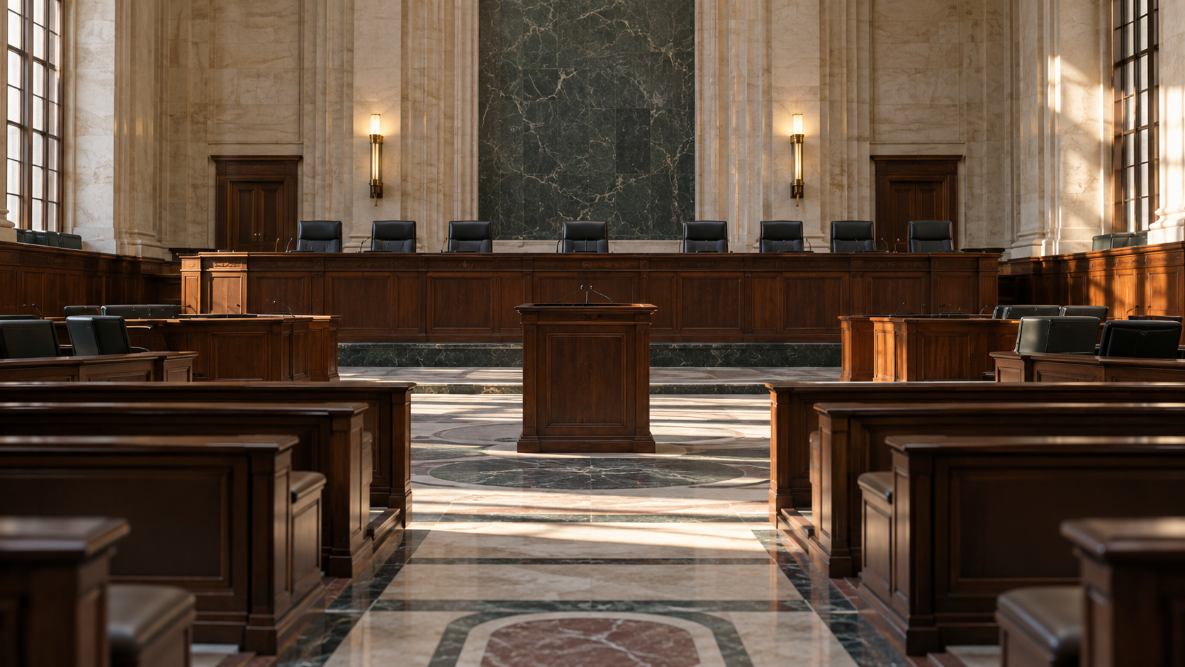 An empty international courtroom with wooden benches and a central lectern