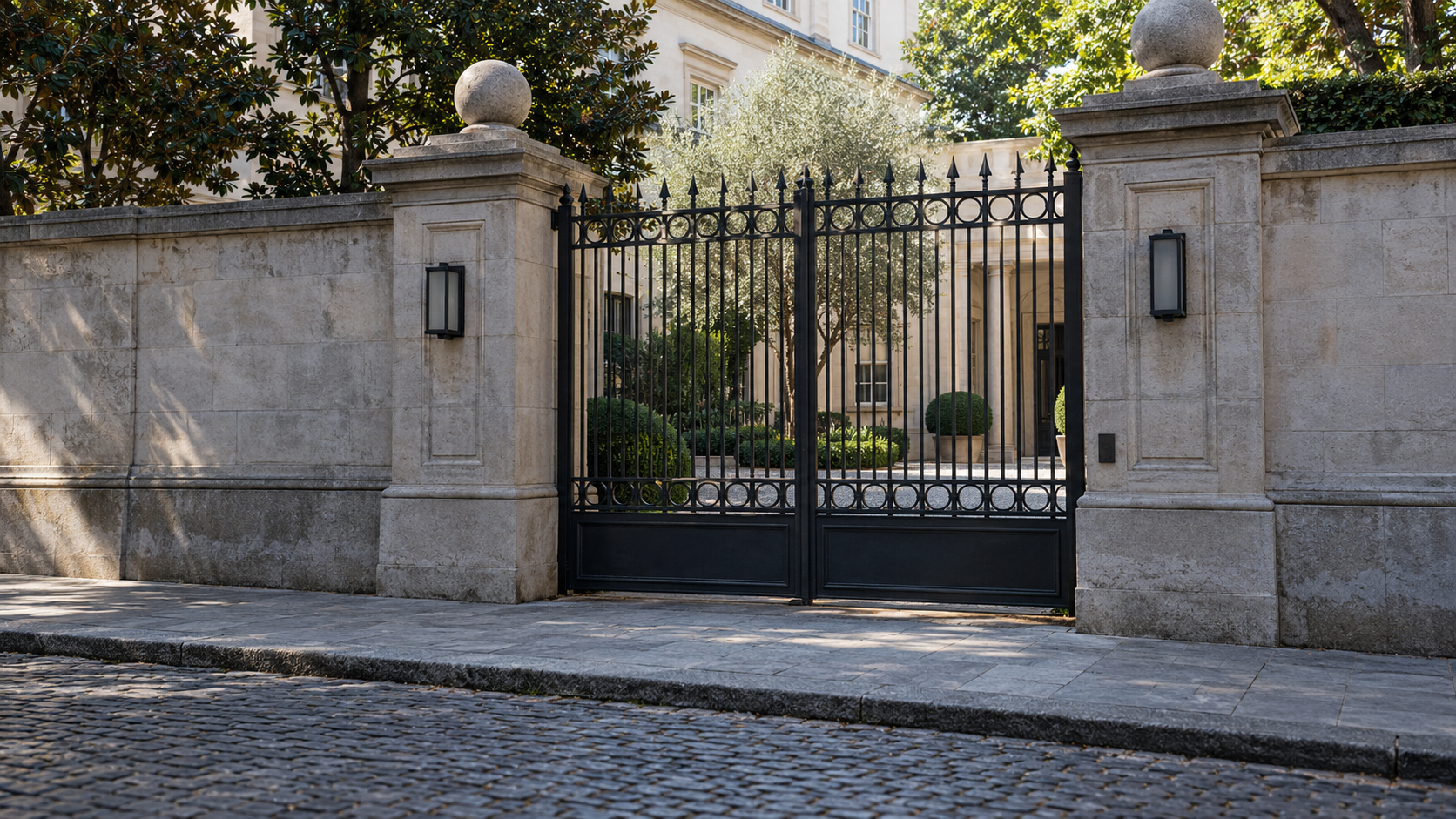 A quiet diplomatic residence behind a closed iron gate and stone walls