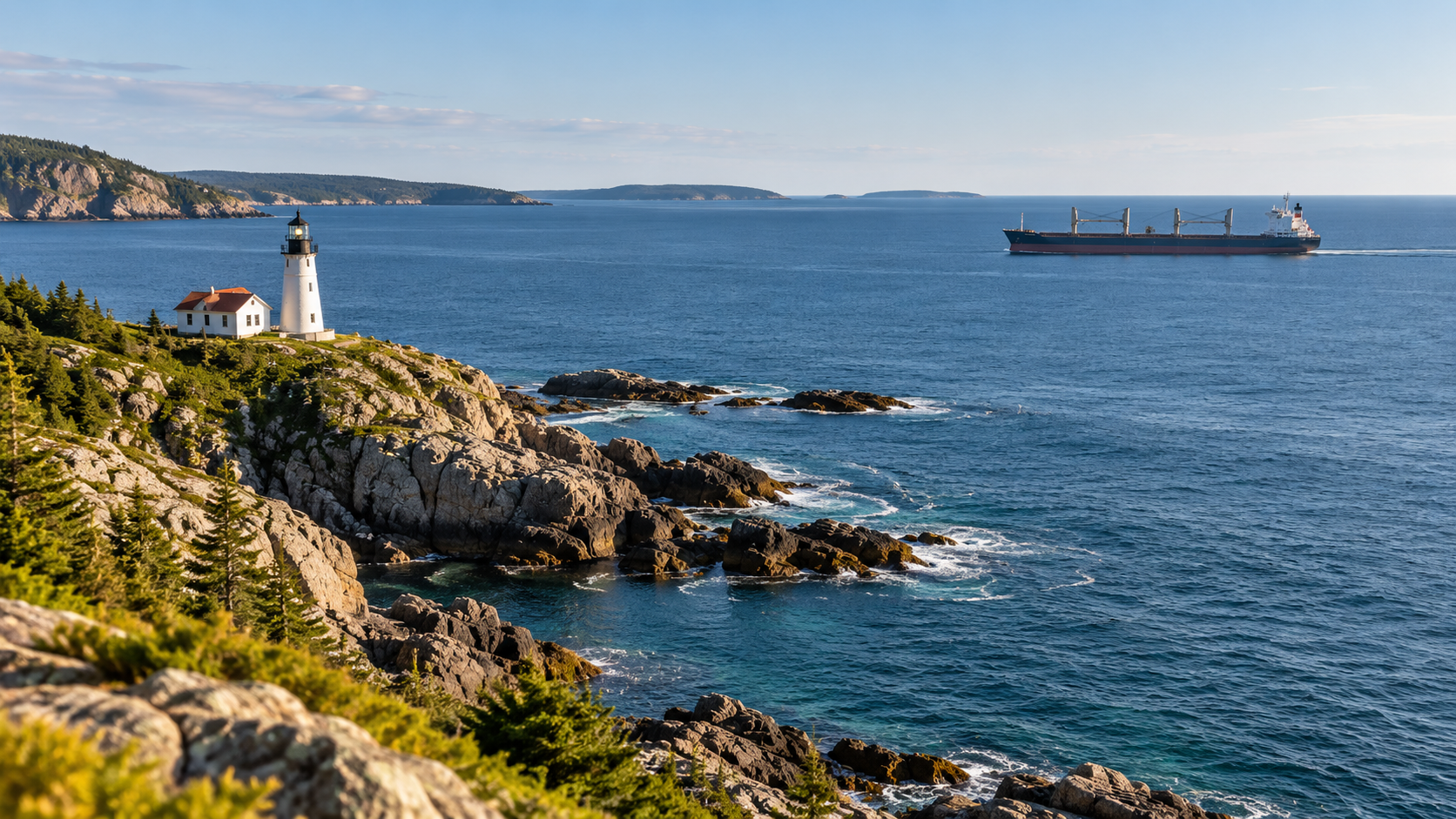 A rocky coastline and lighthouse with a cargo ship passing offshore