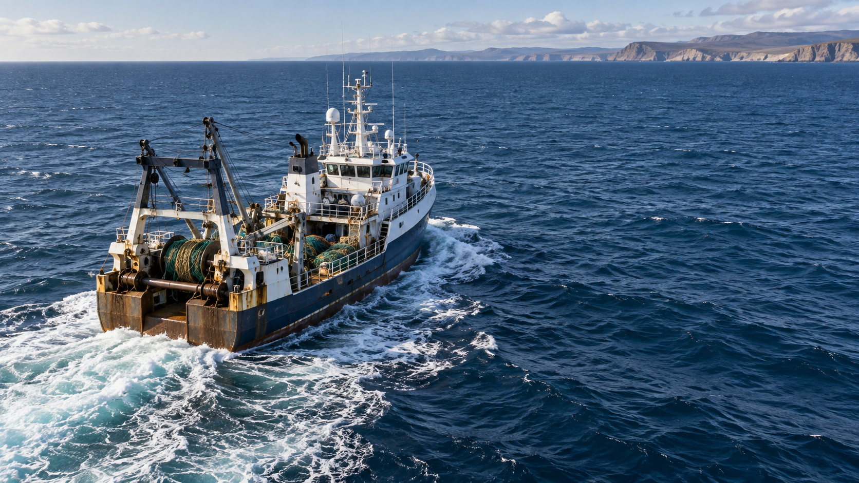 A fishing vessel working offshore on deep blue water with a distant coastline