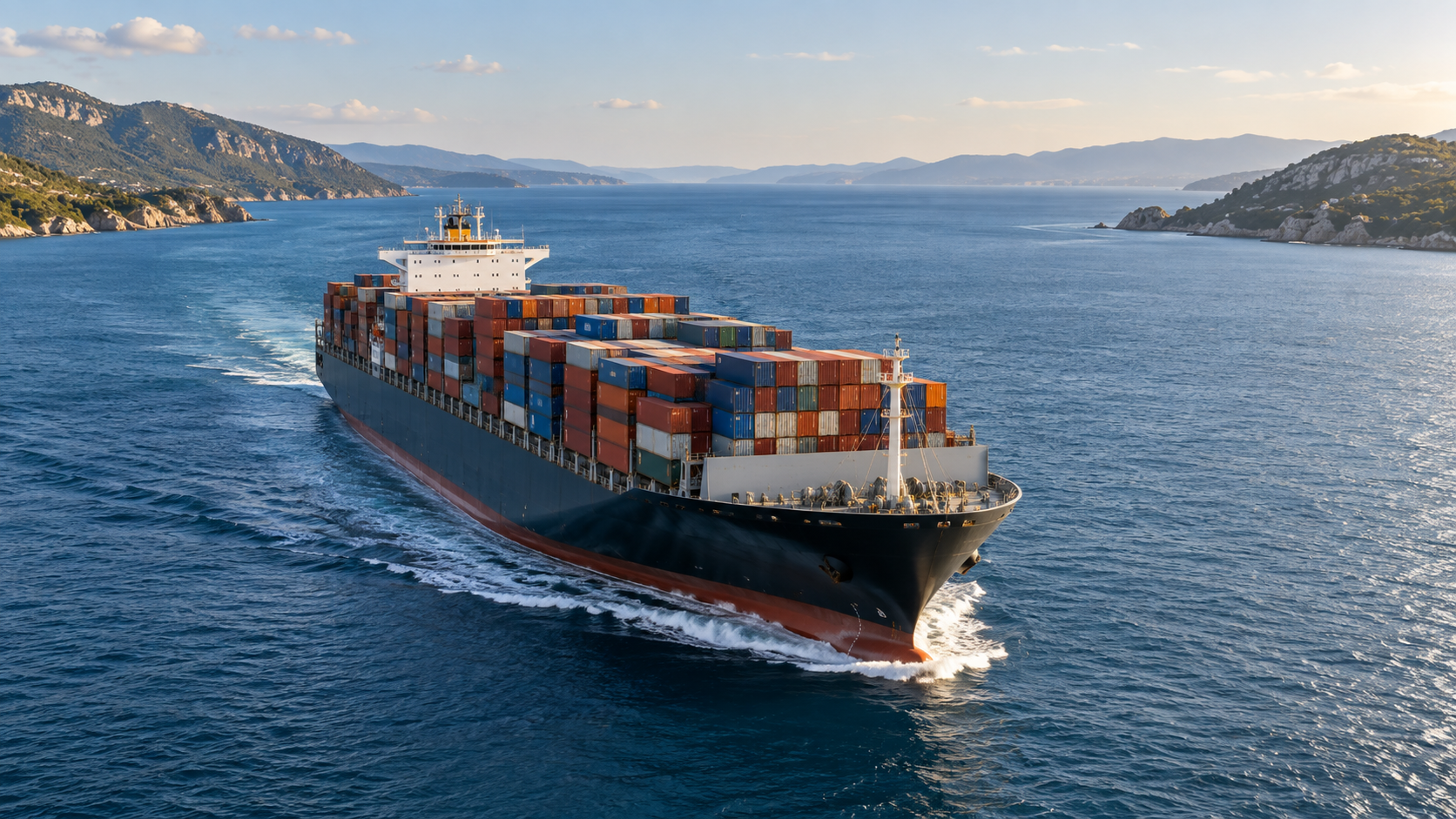 A container ship traveling through a broad open sea channel