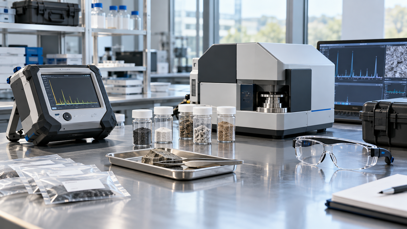 A clean inspection laboratory with analytical instruments and sealed sample containers