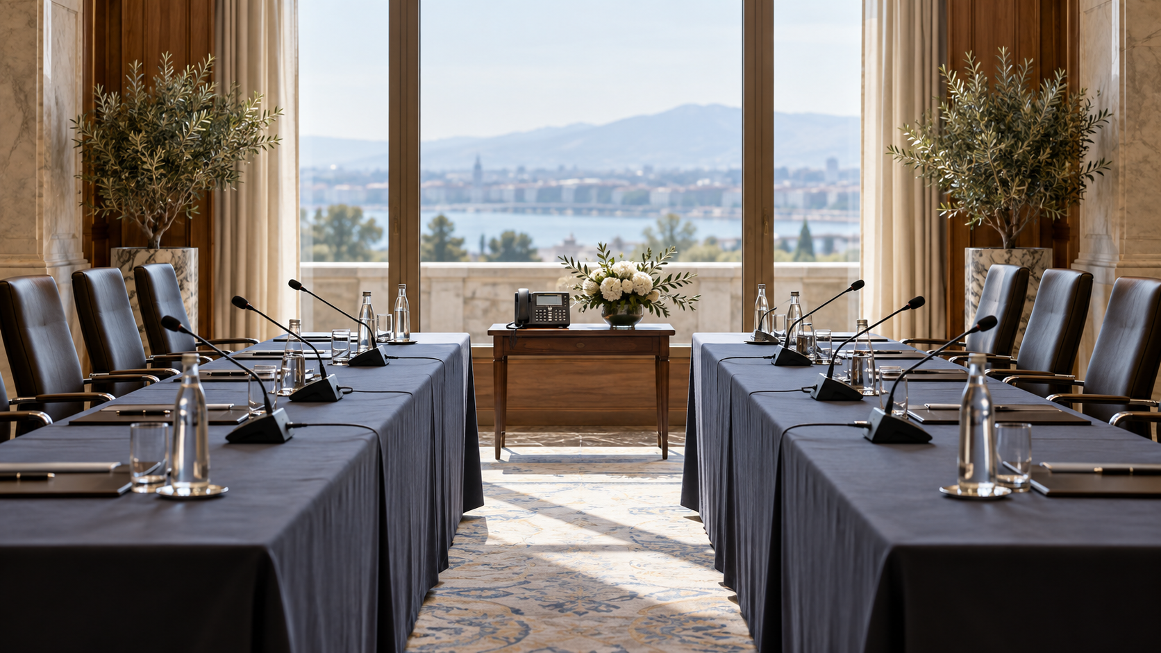 Two facing meeting tables with microphones and a secure telephone