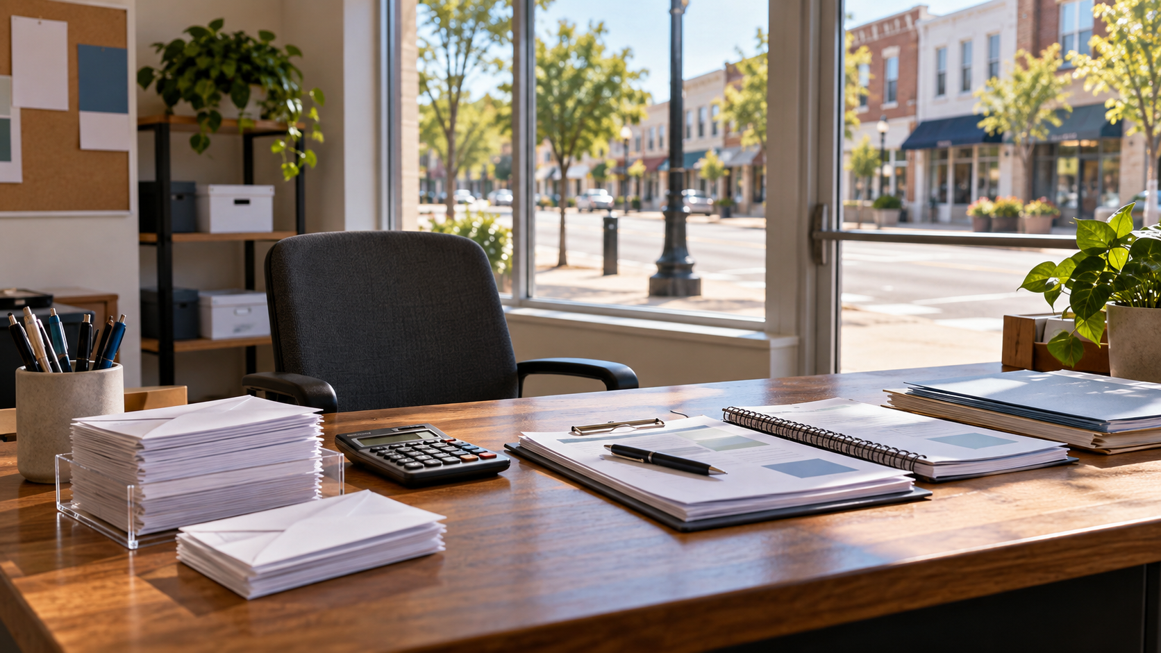 An empty campaign office desk with contribution envelopes, a calculator, and budget papers