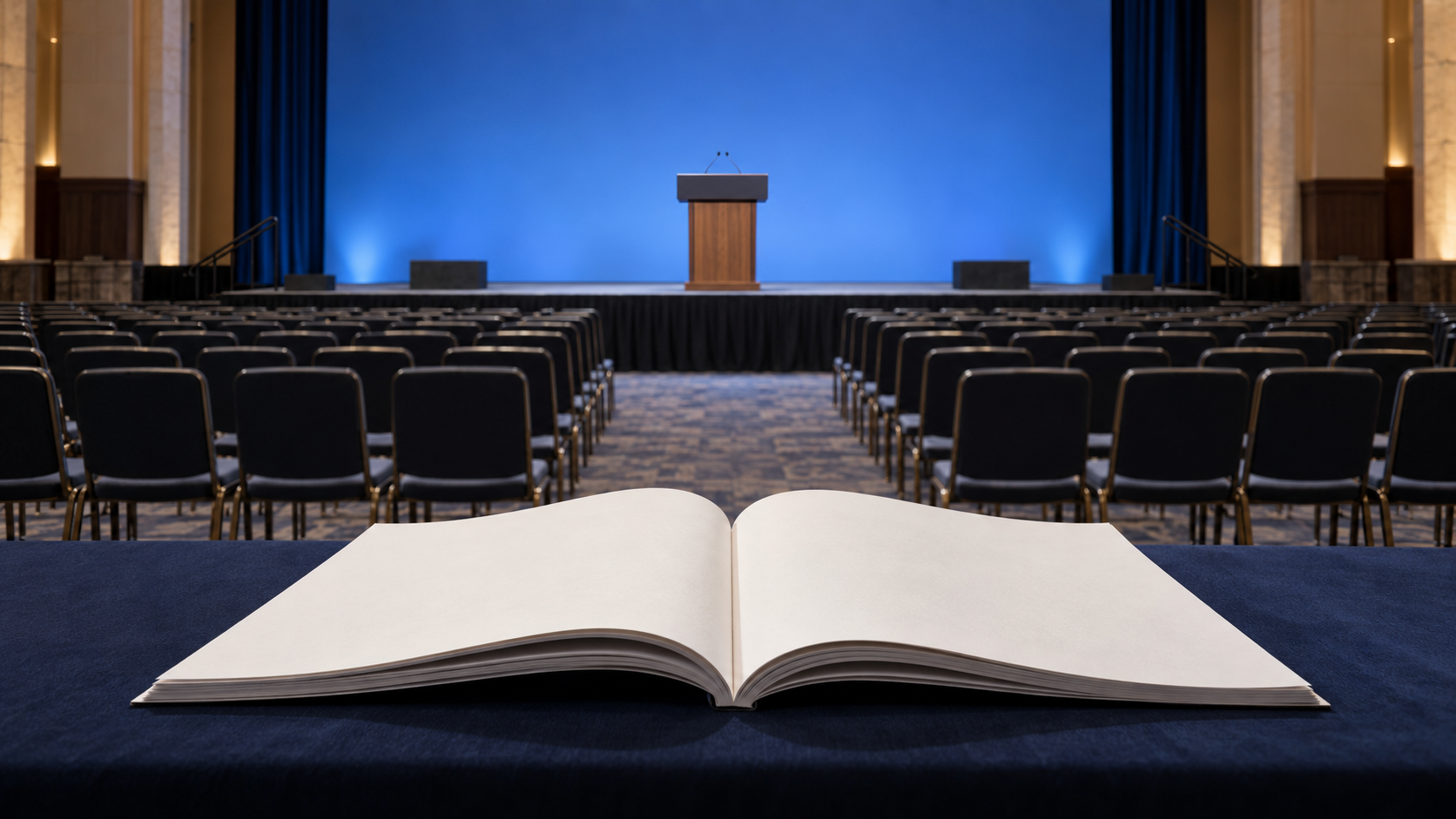 An empty convention auditorium with a lectern and an unmarked policy booklet