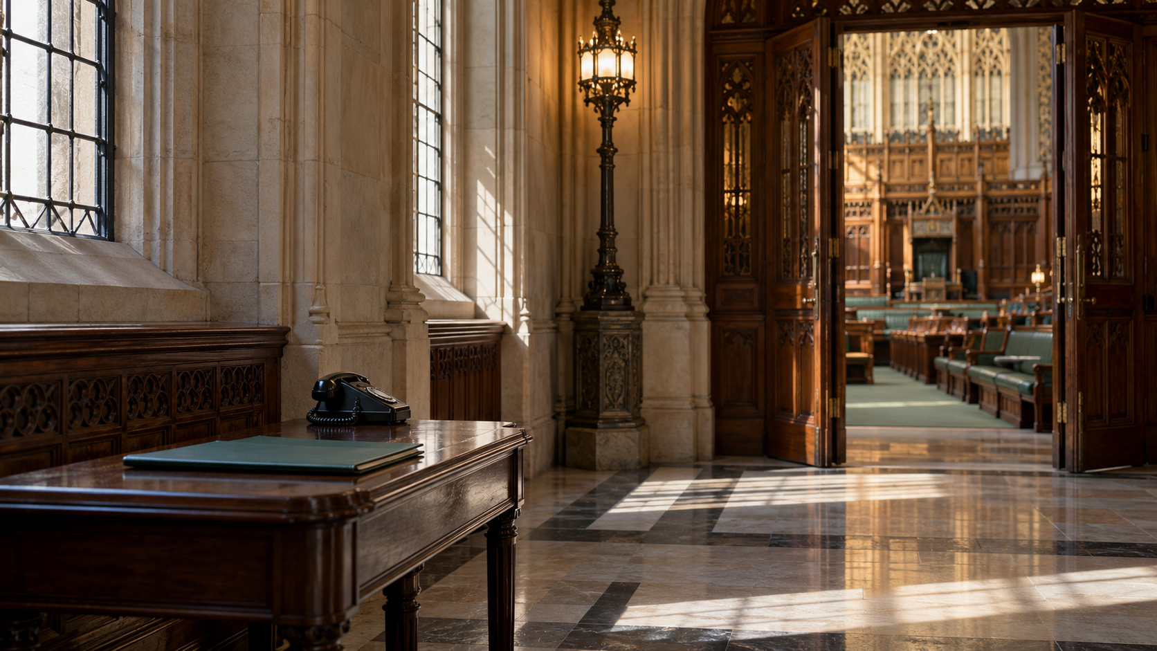 A parliamentary corridor with an empty table, schedule folder, and telephone