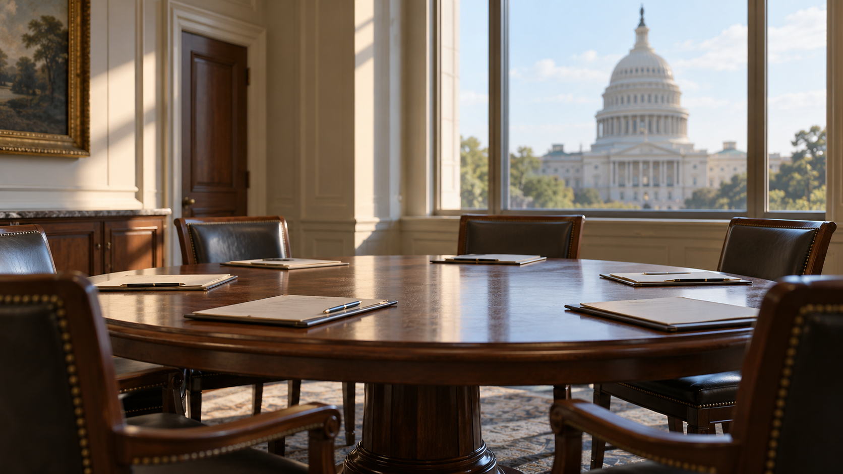 An empty legislative meeting room with a round table and a distant capitol dome