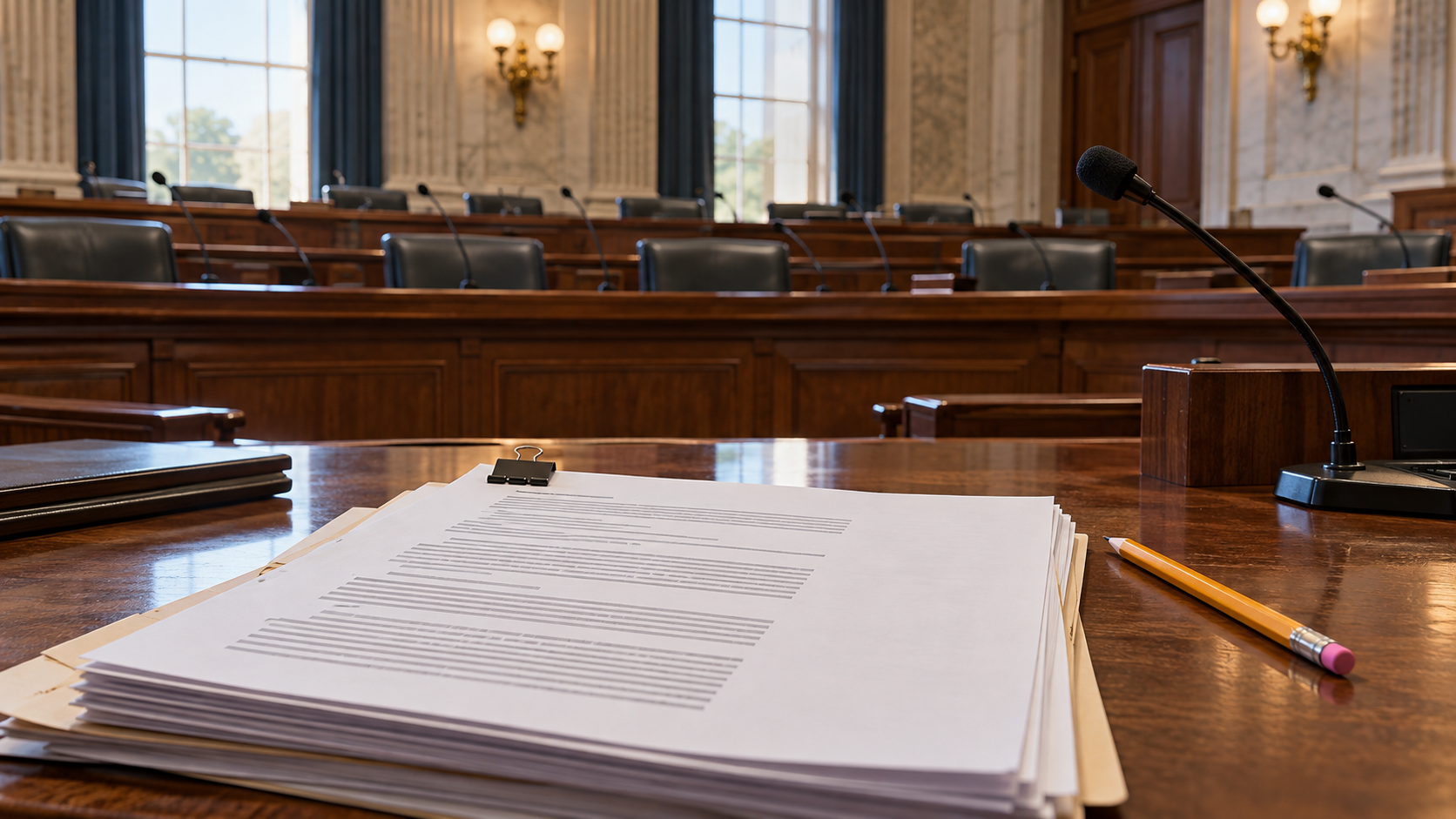 A legislative committee room with a draft packet and pencil in the foreground