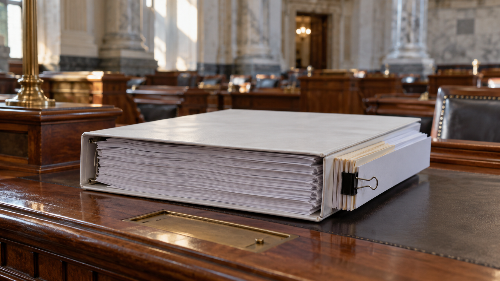 A legislative binder with a separate supplemental packet clipped to its side