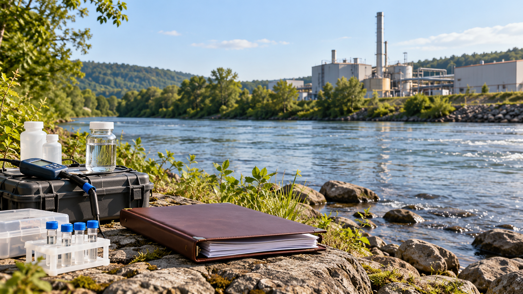 A riverbank sampling kit and legal folder with an industrial facility in the distance