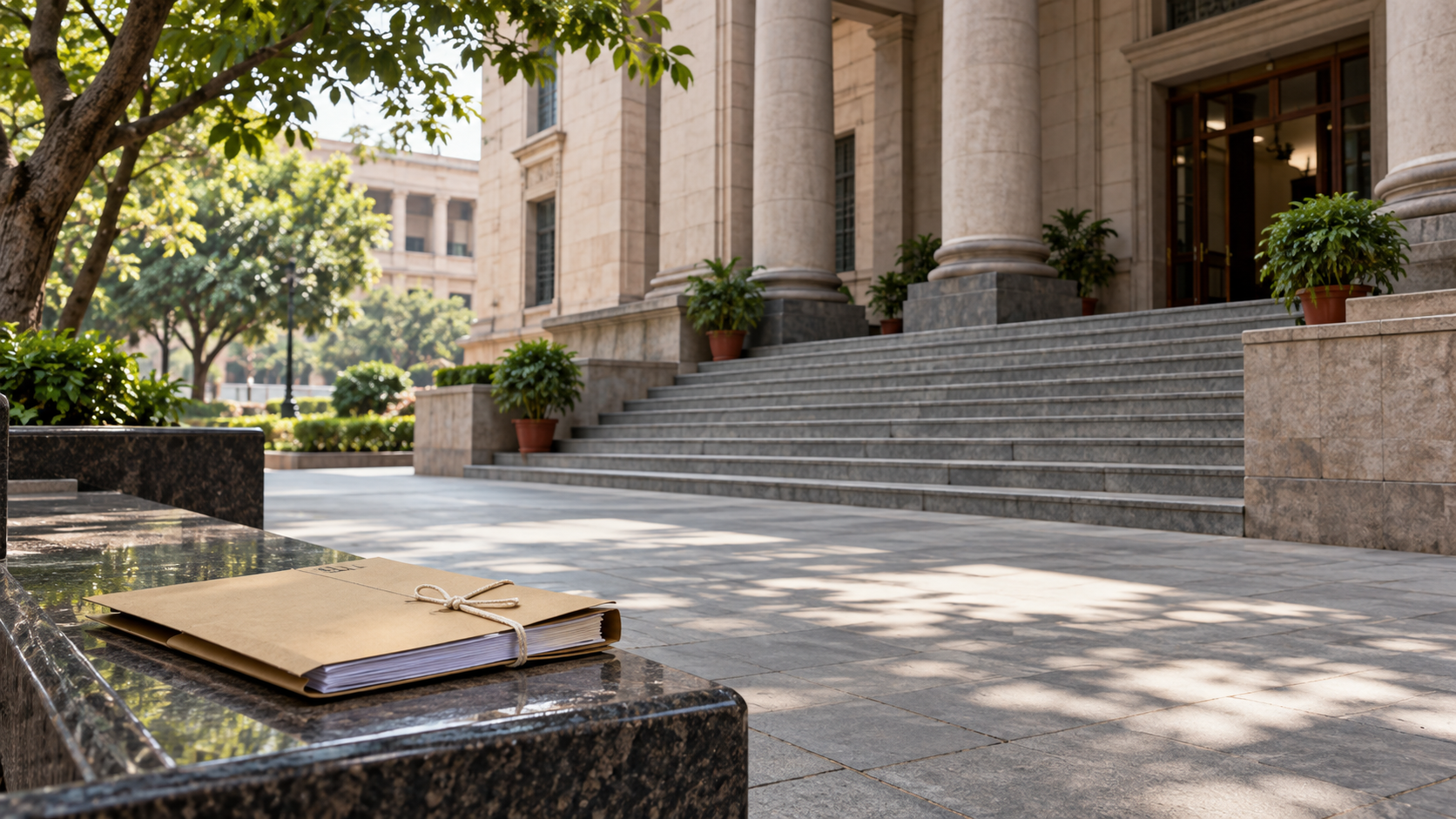 A courthouse entrance with stone steps and a legal folder on a public bench