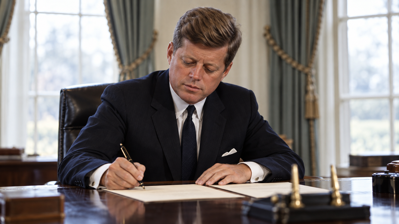Historical reconstruction of President Kennedy working at a desk as the Peace Corps was established in 1961.