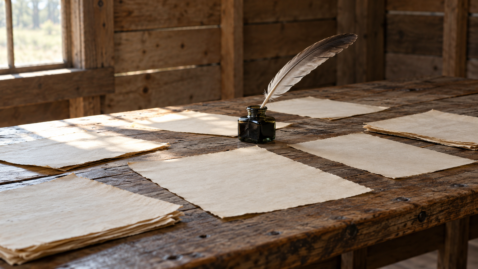 Historical reconstruction of quill, inkwell, and papers on an 1836 Texas convention table.