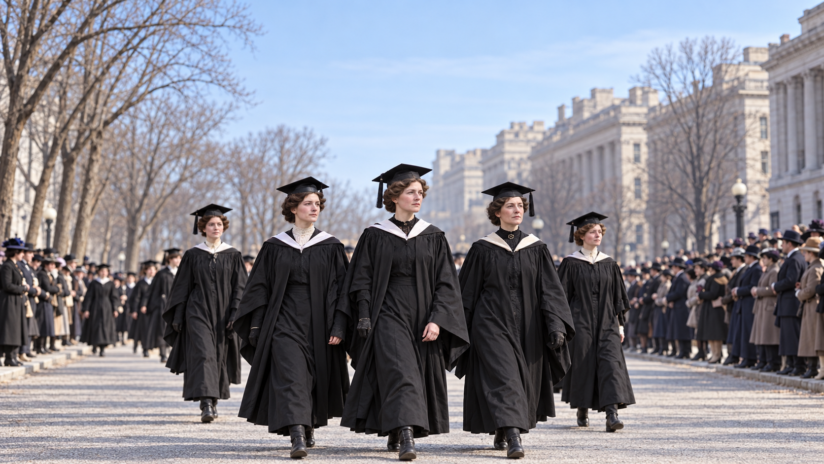 Historical reconstruction of women in academic dress marching for suffrage in Washington in 1913.