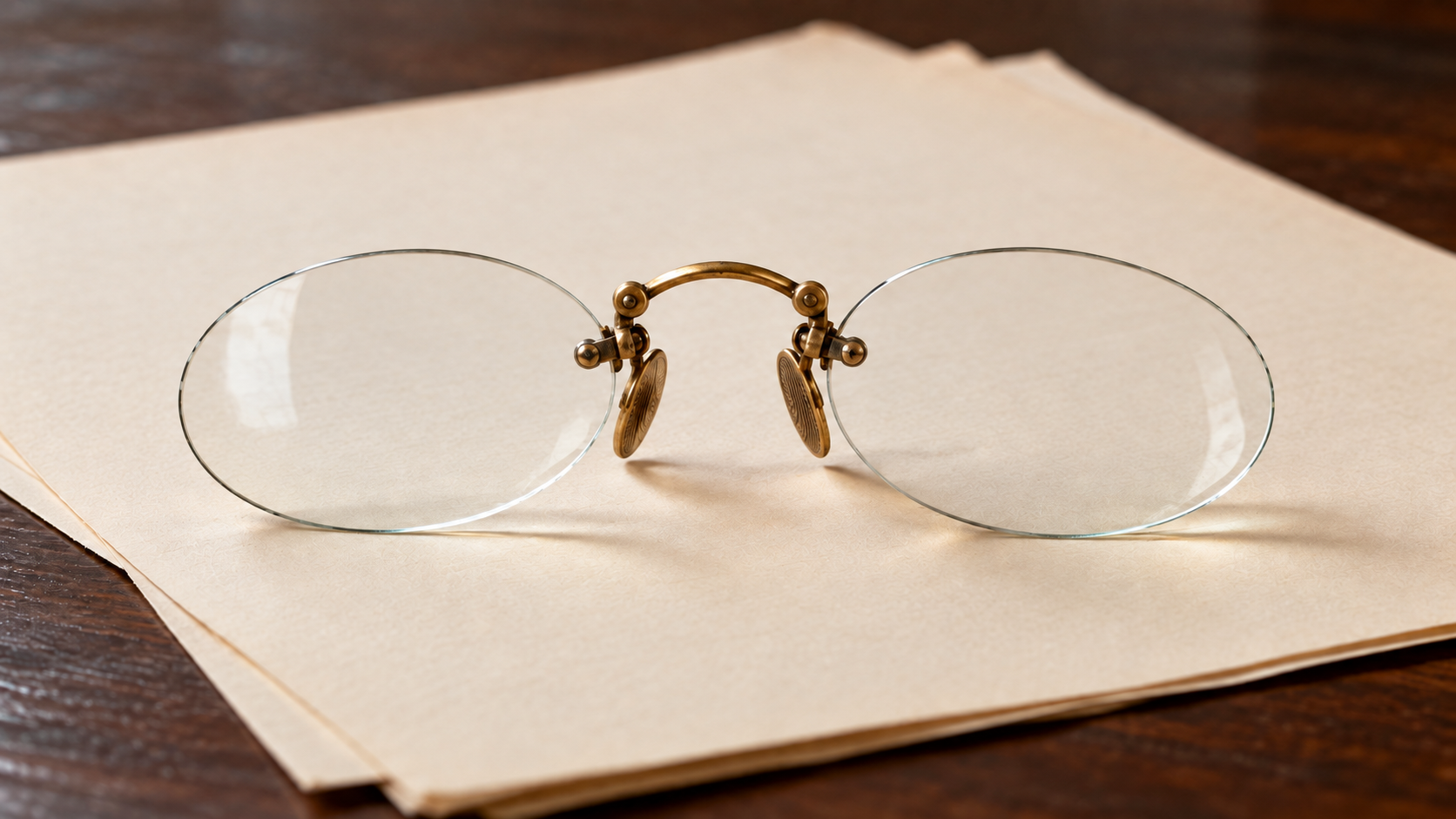 Historical reconstruction of Roosevelt's rimless pince-nez spectacles resting on inauguration speech papers.