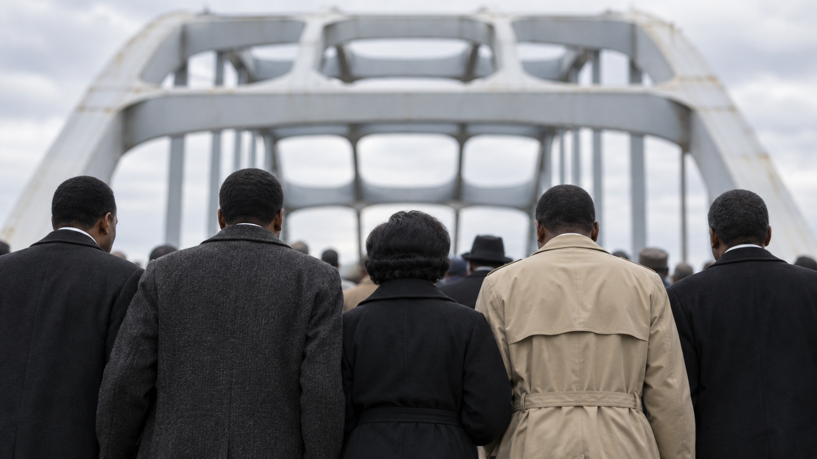 Historical reconstruction of peaceful voting rights marchers approaching the Edmund Pettus Bridge in 1965.