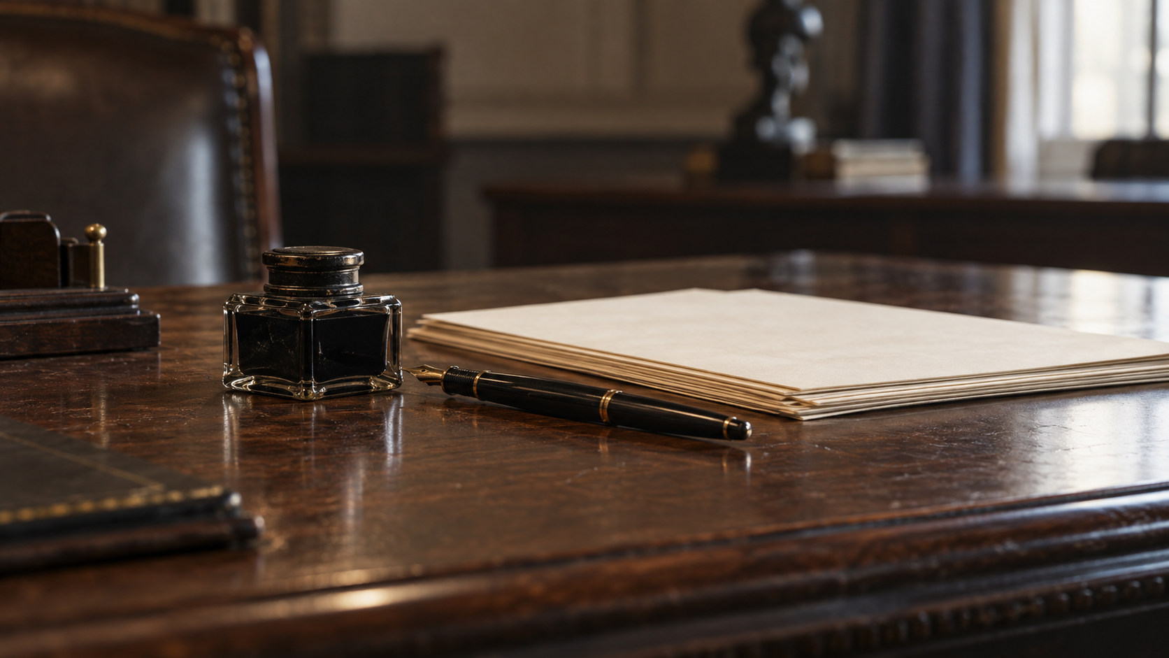 Historical reconstruction of a 1930s desk with an inkwell, fountain pen, and papers, representing emergency banking legislation.