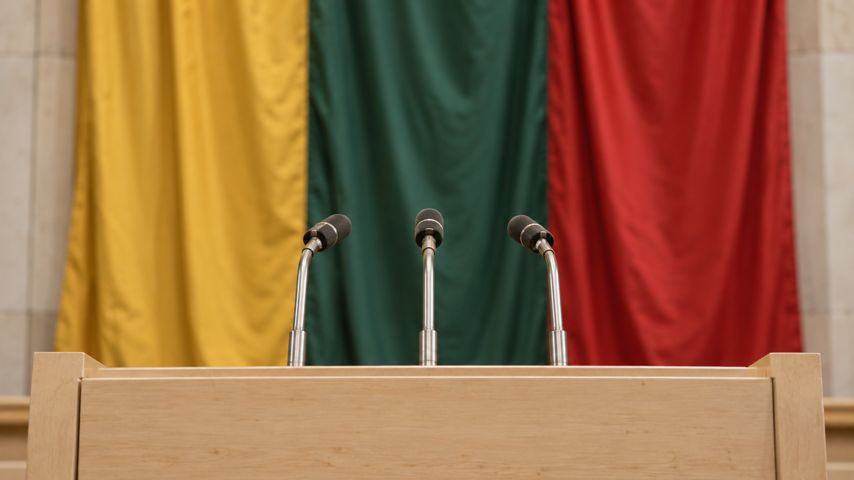 Historical reconstruction of period microphones before Lithuanian tricolor fabric in a parliamentary setting.