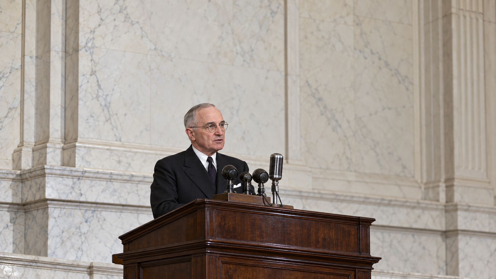 Historical reconstruction of Harry Truman speaking at a wooden lectern with period microphones.