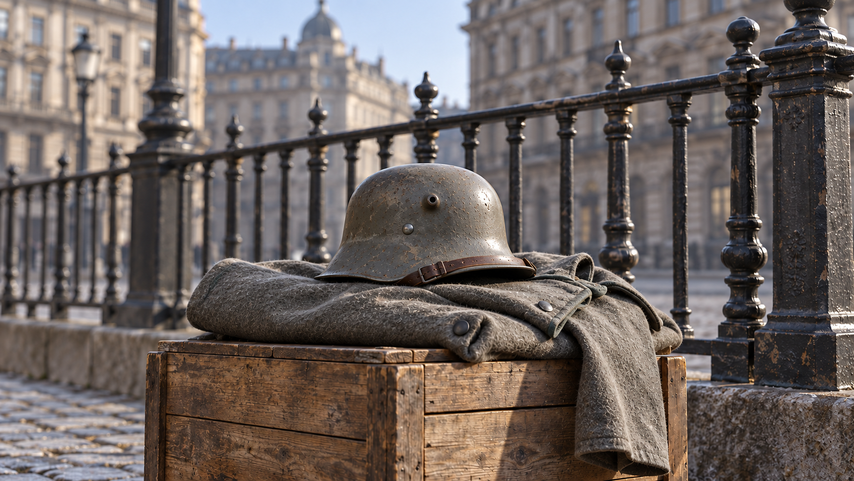 Historical reconstruction of a period German steel helmet and wool coat beside iron railings in Berlin.