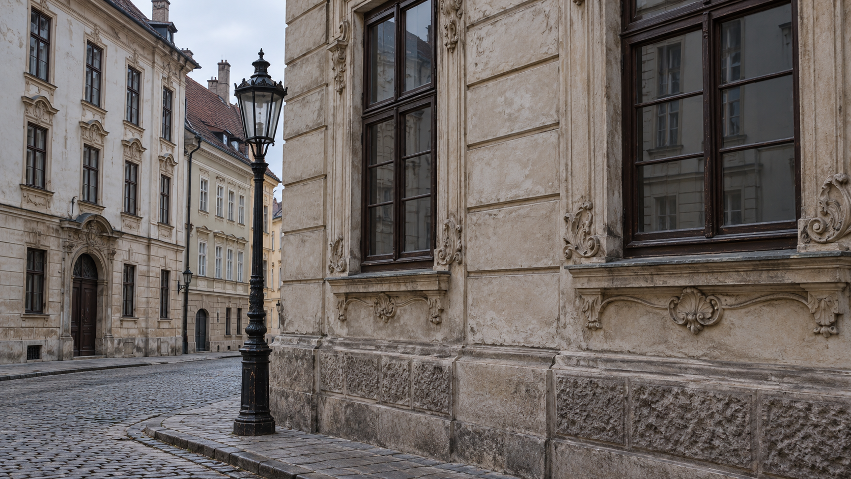 Historical reconstruction of a quiet Bratislava streetscape with period stonework, wooden windows and an iron lamp.
