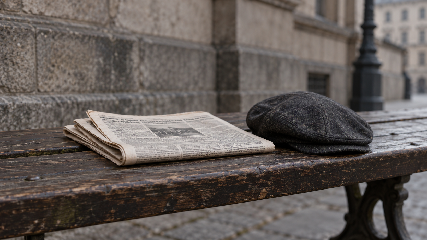 Historical reconstruction of a 1930s German newspaper and wool cap on a wooden bench, representing news of restored conscription.